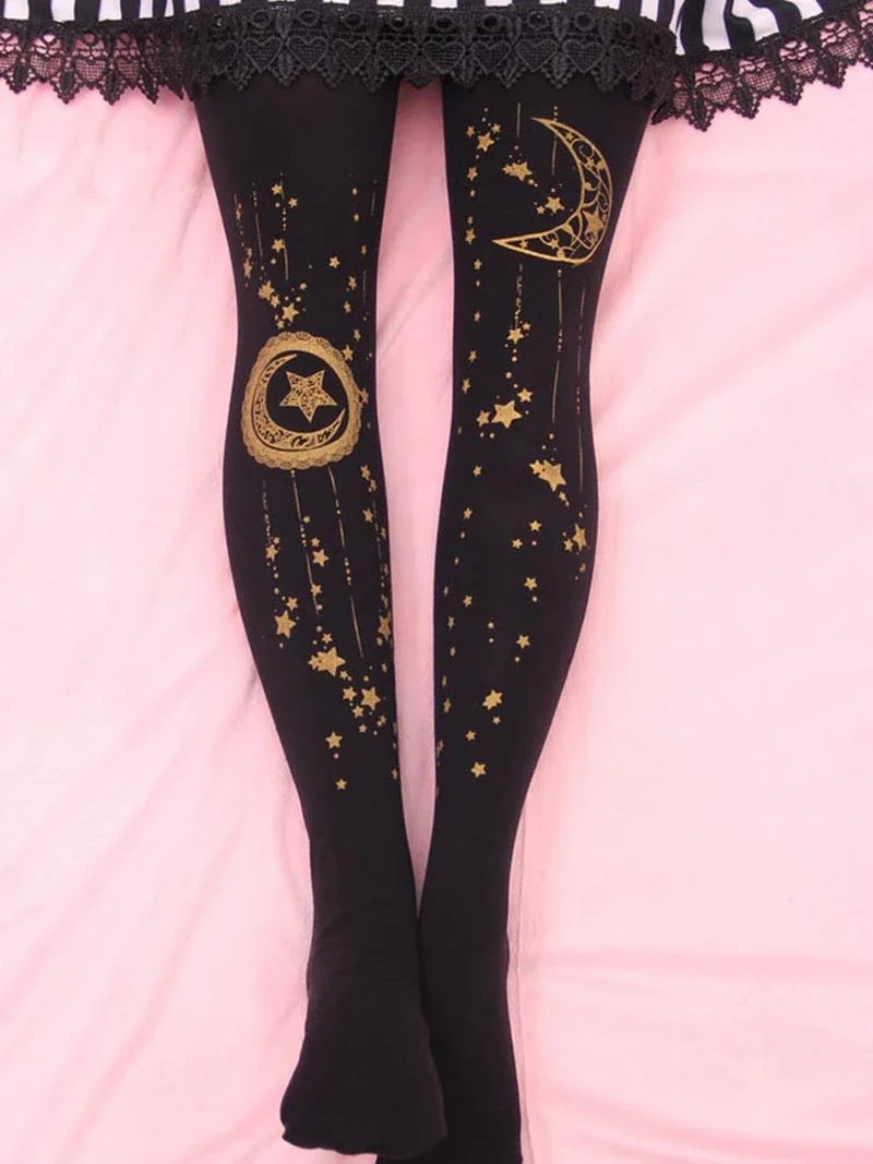 Sweet Mori Girl Tights Kawaii Gold Star & Moon Stamped 100D Lolita Pantyhose