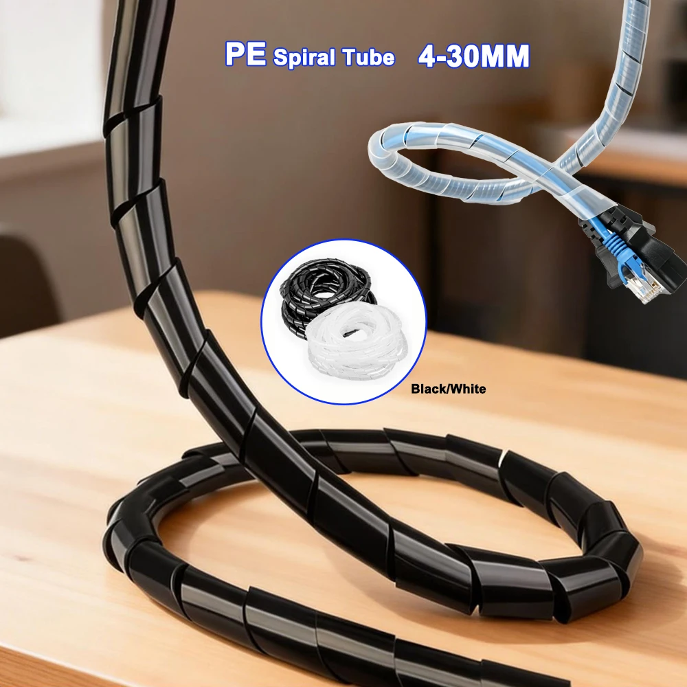 4mm 6mm 8mm 10mm 12mm 14mm 16mm 18mm 20mm 25mm 30mm Outside Dia Black/White Cable Sleeve Spiral Wire Wrap Tube Manage Cord