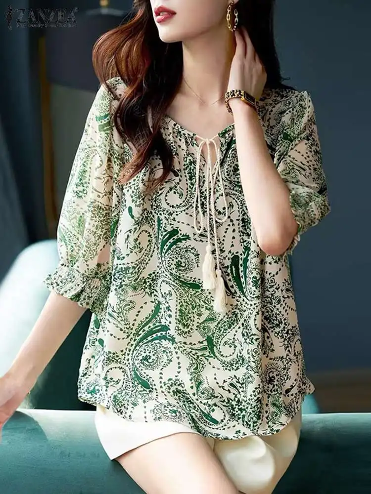 ZANZEA Women Flioral Printed Blouse Fashion Holiday Bohemian Half Sleeve Shirts 2024 Summer Casual Loose Blusas Round Neck Tops