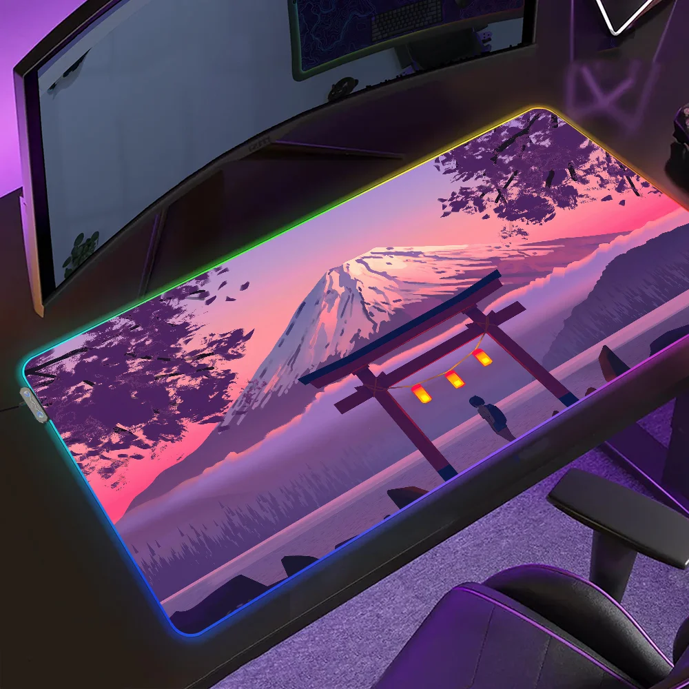 

Torii Gate Mountain Cherry Blossom Japanese Gaming MousePad LED Table Pads Micro USB Backlit Rubber RGB Desk Mats Desktop XXL