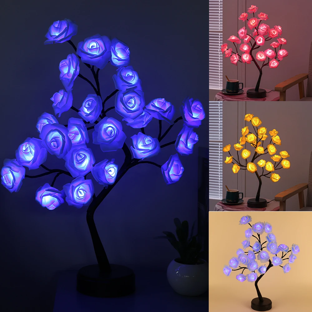 USB Battery Operated LED Table Lamp Rose Flower Bonsai Tree Night Lights Garland Bedroom Decoration Christmas Lights Home Decor