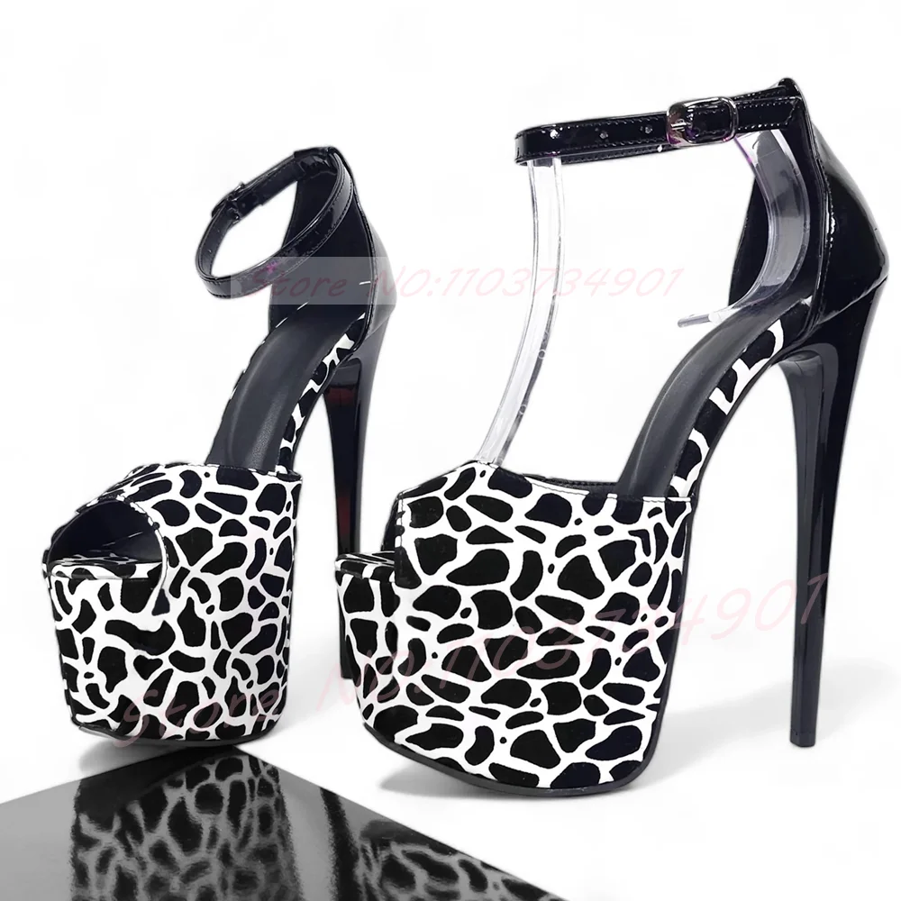 Giraffe Print Peep Toe Platform Heels Sandals Women Black White Leopard Ankle Strap Shoes Dress Party 14CM High Heels Sandals