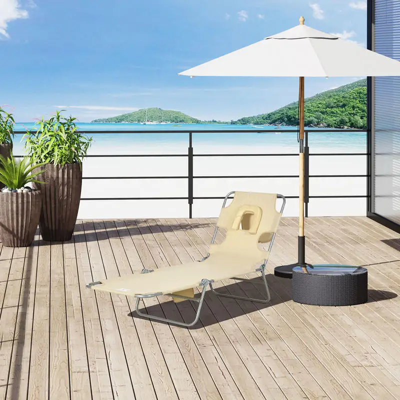 

Outsunny Tanning Chair with Face Hole, 5-Level Adjustable Outdoor Chaise Lounge Chair with Pillow for Beach, Pool, Beige