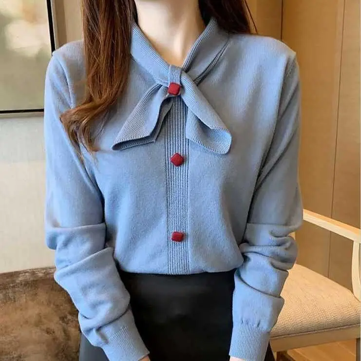 Spring Autumn New Fashion Simple Korean Bow Long Sleeved Sweater Women's Scarf Collar Patchwork Button Loose Pullover Knit Top