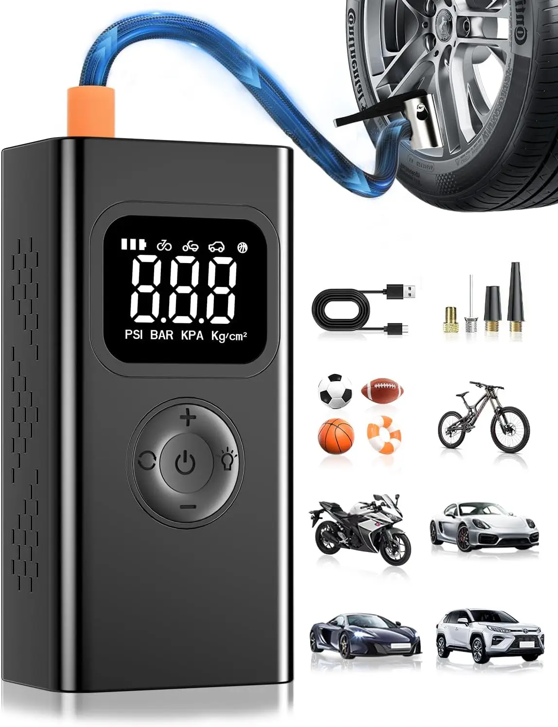 

Portable Tire Inflator 150PSI Air Compressor with Auto-Stop, Pressure Gauge, LED/SOS Light for Car, Moto, Bike
