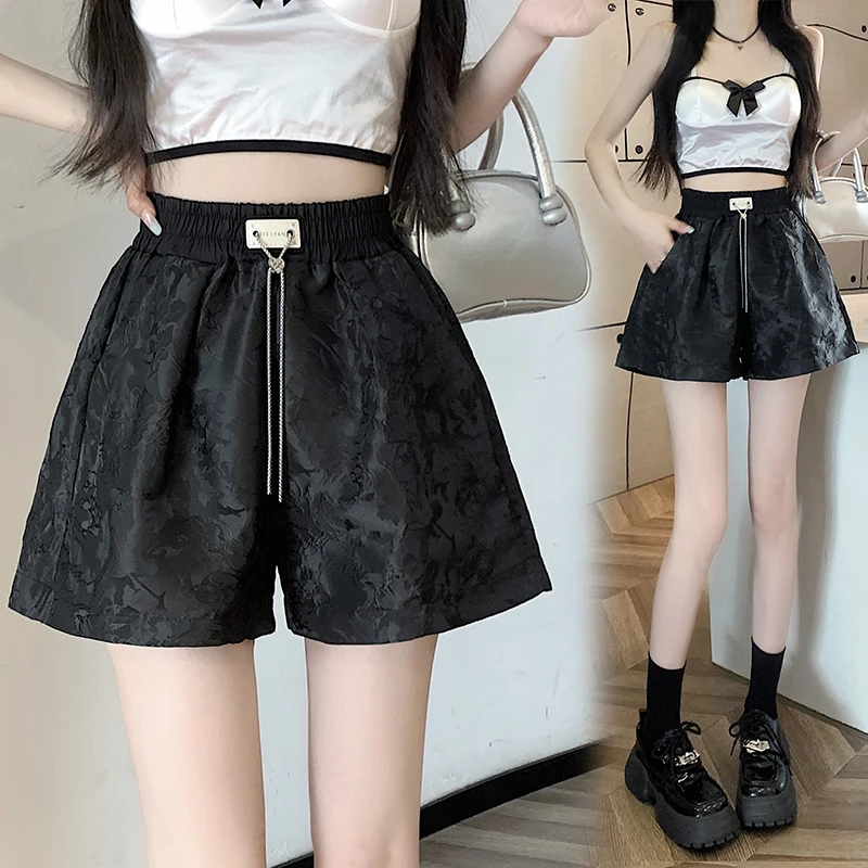 

Black Vintage Jacquard Wide Leg Shorts Women's Summer New Korean High Waist Slim Loose A-line Hot Pants Trend