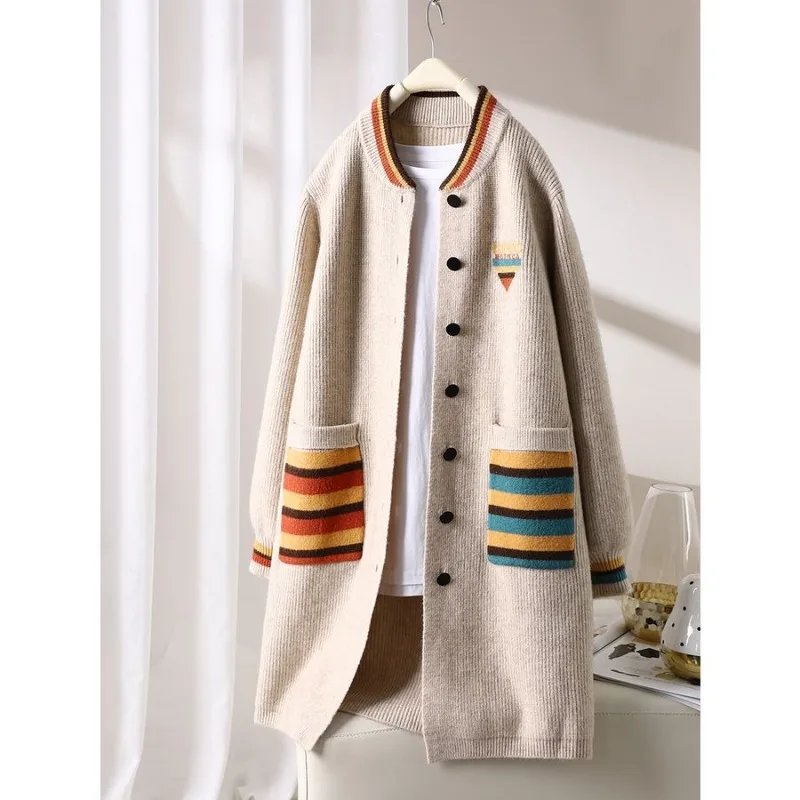 

New Autumn and Winter Mid-length Baseball Neckline Pocket Color Block Knitted Sweater for Women Fashion Commuter Cardigan Jacket