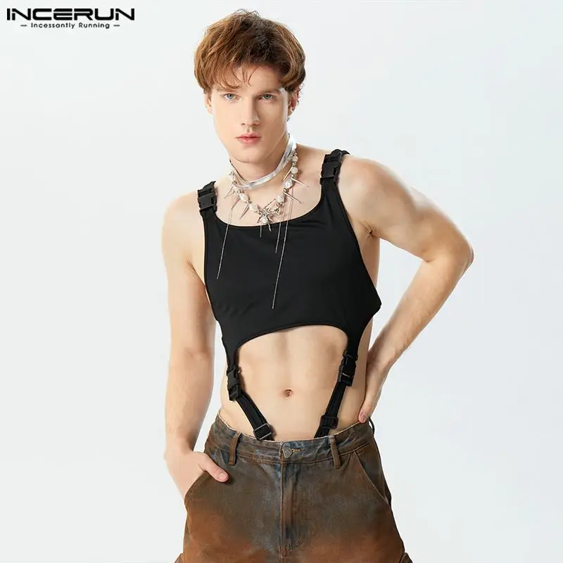 INCERUN 2024 Sexy Style Bodysuits Clothing Men\'s Casual Buckle Design Jumpsuits Stylish Thin Hollowed Sleeveless Homewear S-5XL