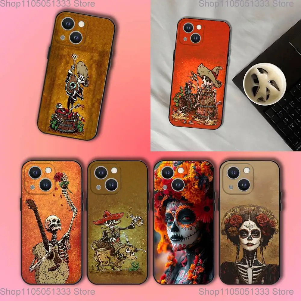

Day of the Dead Mexican Catrina Skull Phone Case For iPhone 17,16,15,14,13,12,11,Pro,XS,Max,XR,Plus,E,SE4,Mini Black Soft Cover