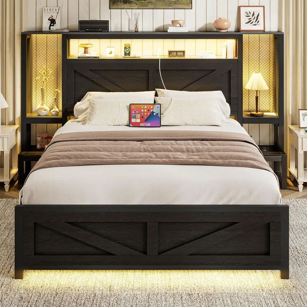 Industrial Style Queen Bed with Storage, Charging Station, and LED Lights in Black