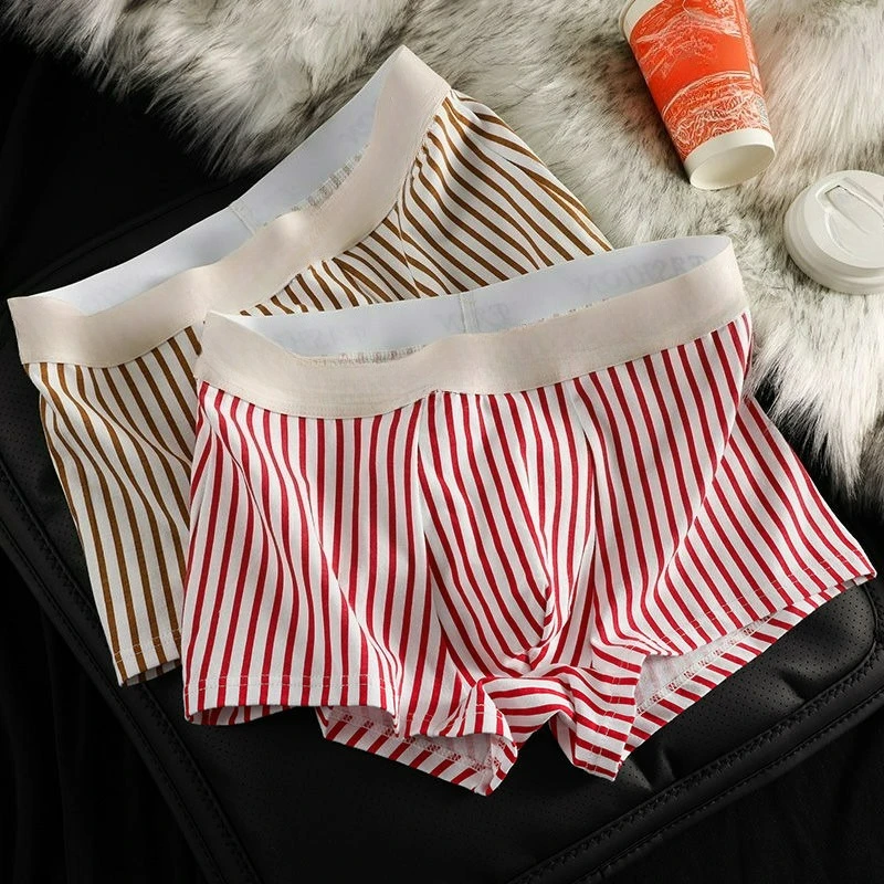 New Men's Underwear Pure Cotton Striped Flat Angle Personality Comfortable Boys Breathable Four Corners Trendy Youth Shorts