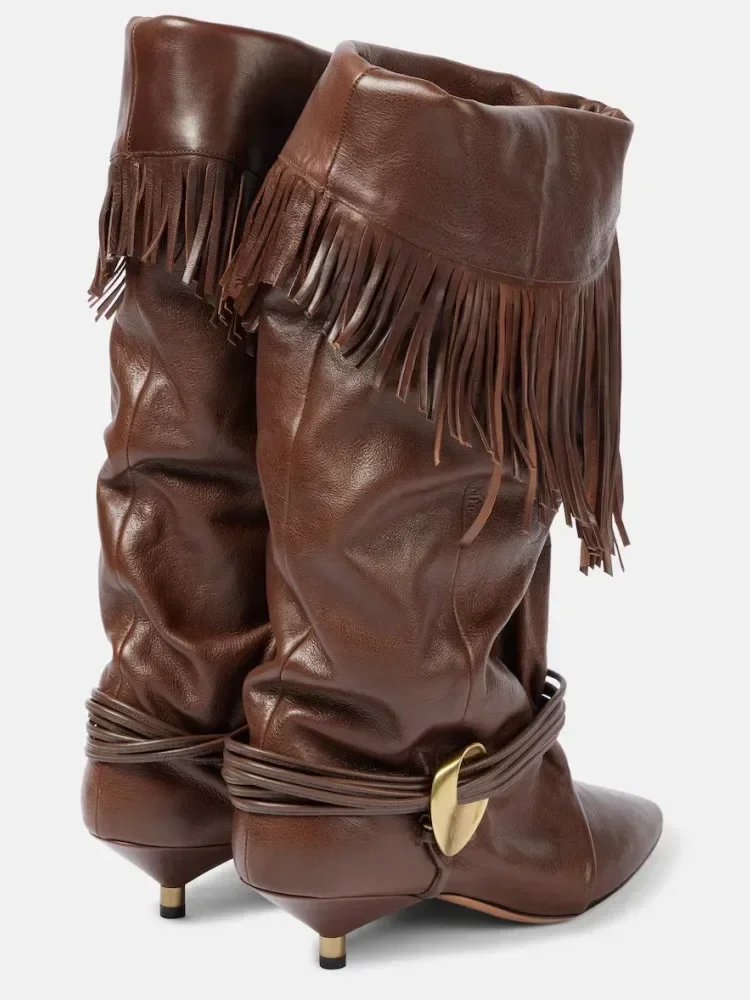 2026Women's Autumn and Winter New 5cm Slim Heel Fringed Calf Boots with Pointed Pleats, Women's Knight Boots, Mid Leg Boots