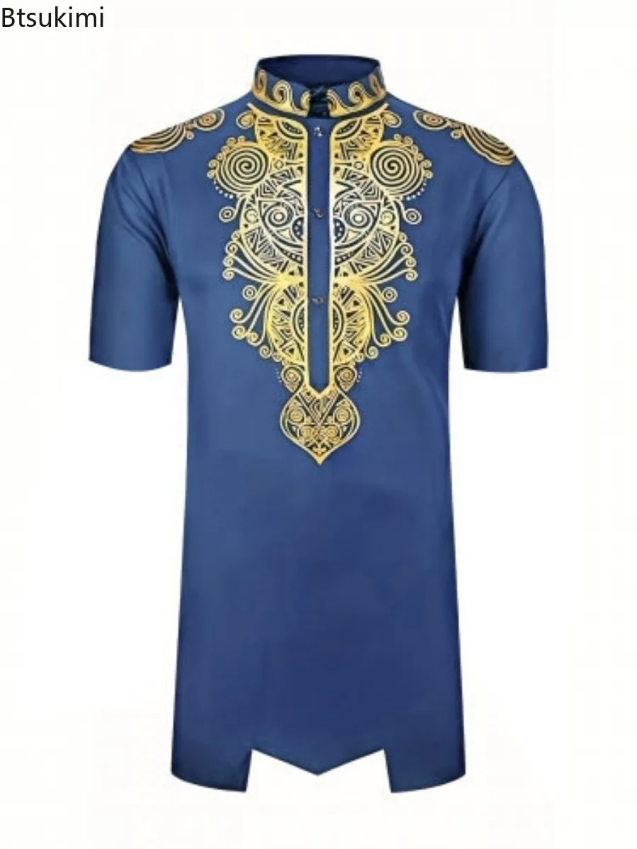 Camiseta de manga corta con estampado para hombre, ropa tradicional africana, jersey de cuello alto, estilo étnico, camisas Dashiki