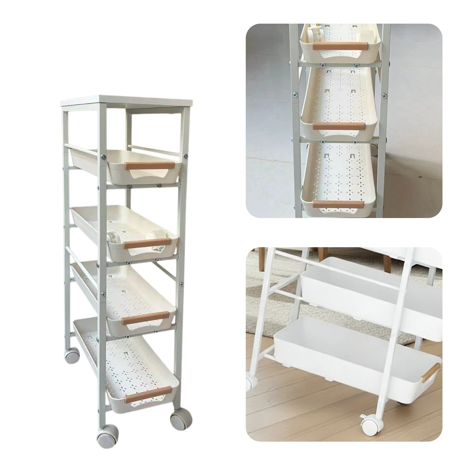 

4-уровневая узкая тележка для хранения с выдвижными корзинами и колесами, узкая передвижная тележка для дома, офиса, кухни, ванной комнаты, прачечной