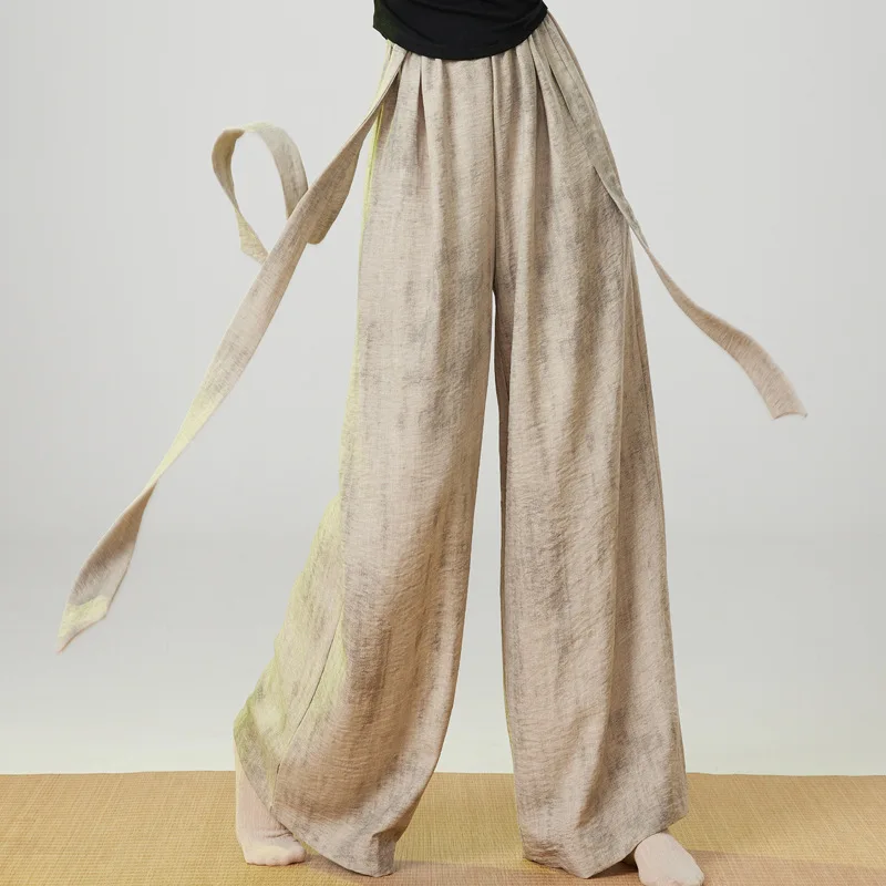 Women Classical Dance Pants Elegant Flowy Ribbon Modern Dance Practice Pant Casual Loose Wide Leg Lace-Up Tie-Dye Culottes Pants