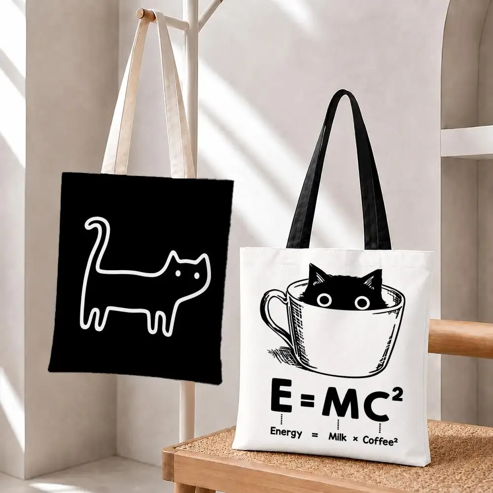 E=MC² Coffee Cat Funny Graphic Storage Bags Storage Bags Foldable Canvas Tote Bag, Reusable Fashion Shopping Bag for Women