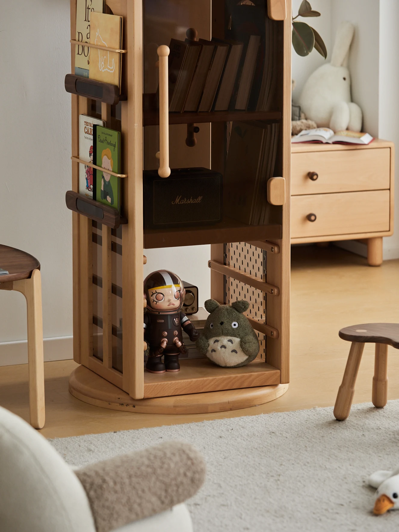 Adjustable Function Large Storage Children Wooden Bookcase Solid Wood Rotating Bookshelf for Kids