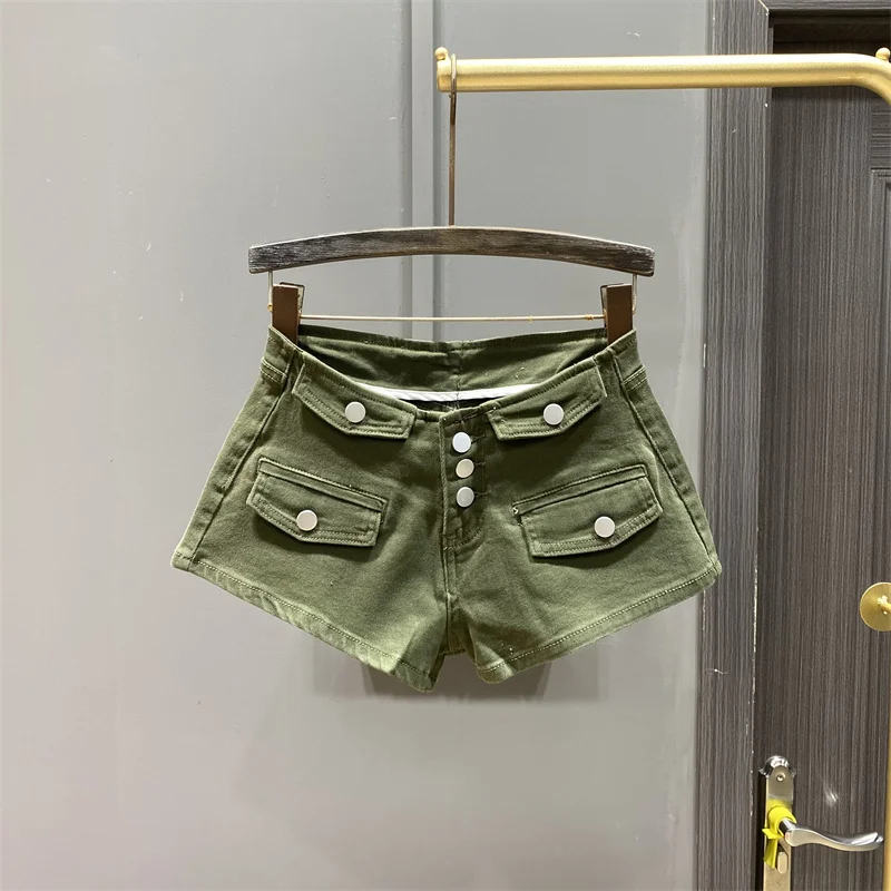 

Army Green Sexy Single-Breasted Hot Pants for Women Denim Shorts Super Short Disco Nightclub Hot Pants Seaside Holiday 2023