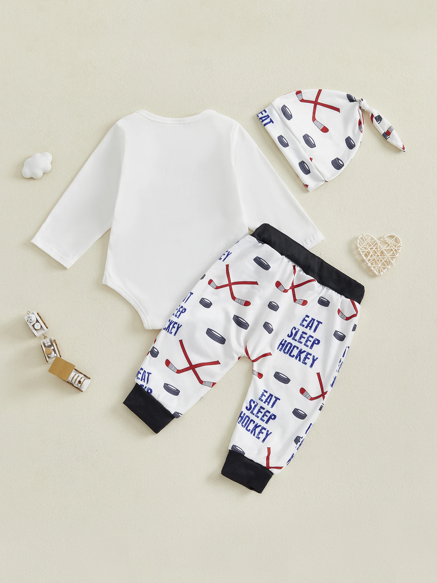 

Infant Boys 3-Piece Set with Long Sleeve Ice Hockey Print Romper Pants and Hat - Newborn Clothing Ensemble
