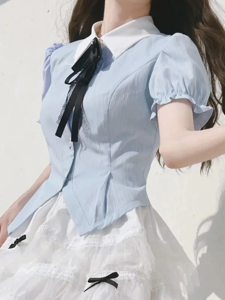 

Cute Bow Jk Striped Shirt Women Slim Sexy Cropped Blouse Vintage Preppy Style Casual Short Sleeve Sweet Female Kawaii Tops