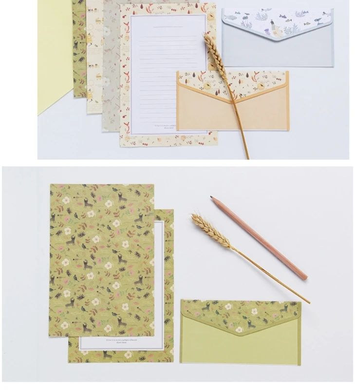 Flower Stationery Paper Set Including 10 Lined Sheets and 10 Matching Envelopes