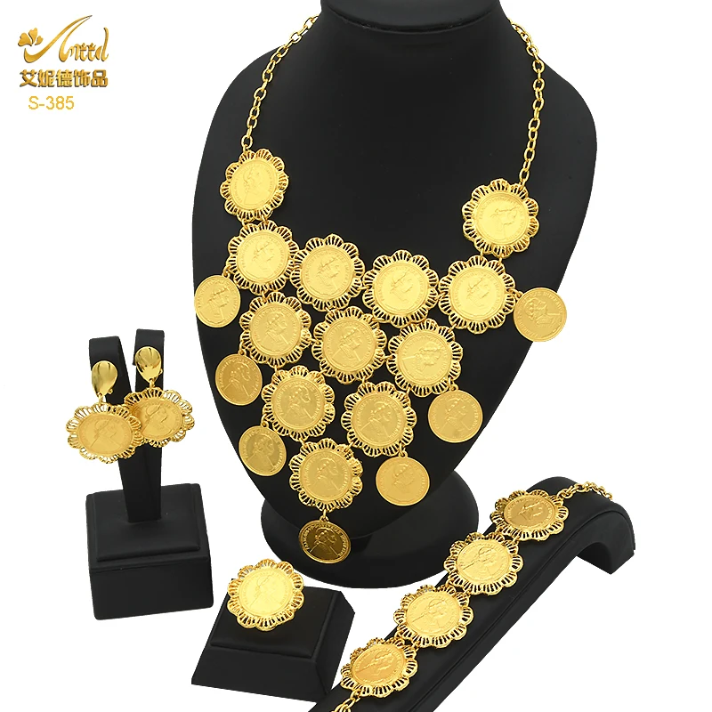 

ANIID Ethiopian Luxury Gold Plated Coin Tassel Pendant Necklace Jewelry Sets African Dubai Bridal Wedding Choker Bracelets Gifts