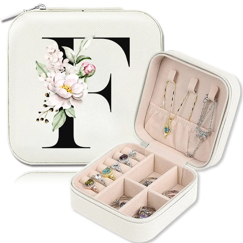A-Z Alphabet Print Beige White Travel Jewelry Storage Box Portable Zipper Jewellery Organizer Case For Rings Earrings Necklaces