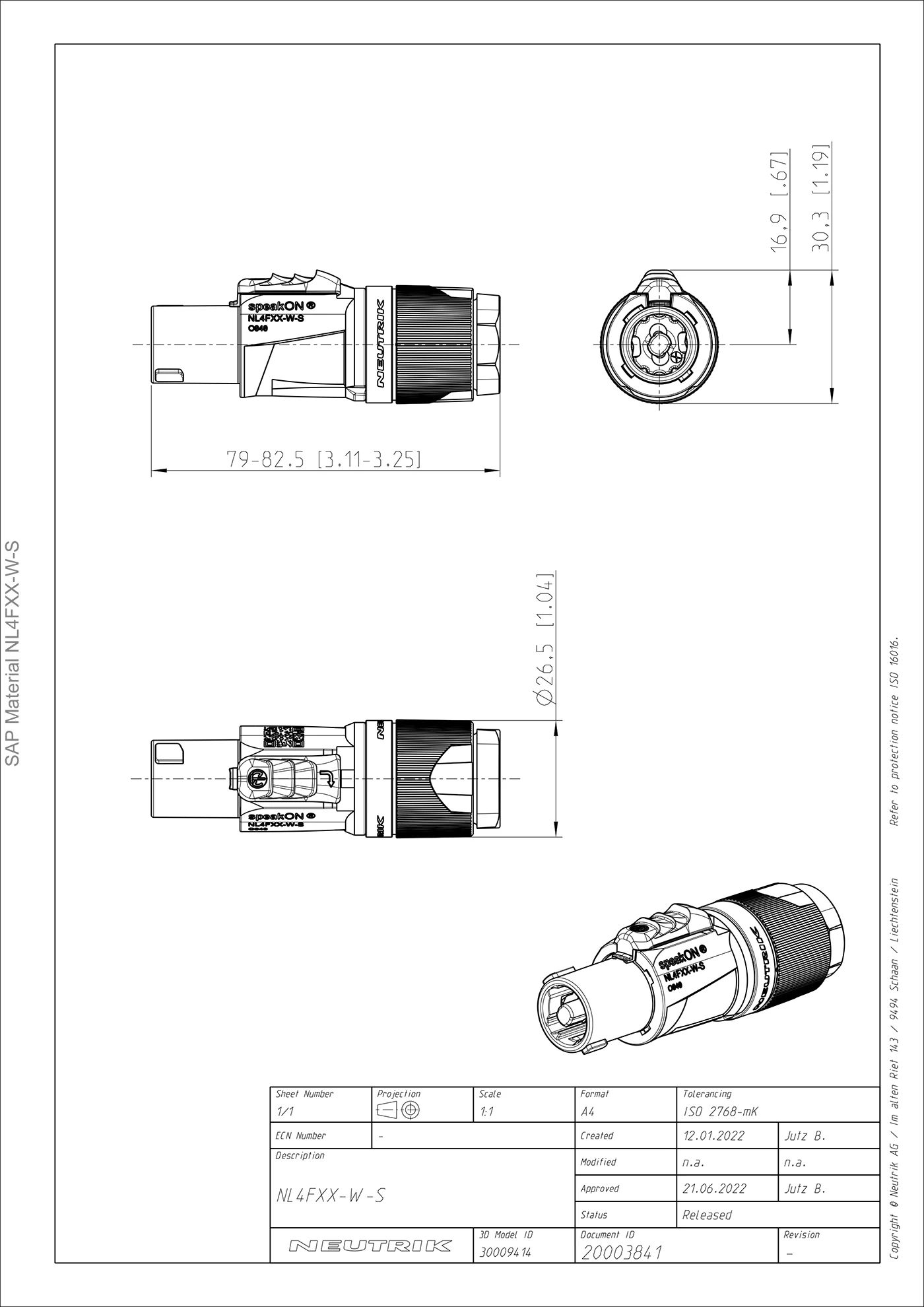 ▲ Schweiz Original Neutrik NL4FXX-W-S 4-poliger SpeakON-Kabelstecker, Spannfutttyp-Zugentlastung für Kabeldurchmesser von 6 bis 12 mm