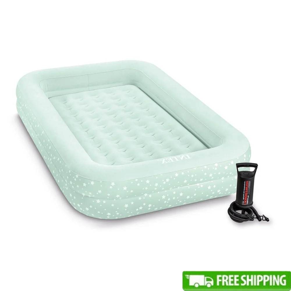 

Kids Inflatable Travel Air Mattress with Raised Sides Hand Pump Portable Bed Camping Sleepovers Naps Durable Vinyl Carrier Bag