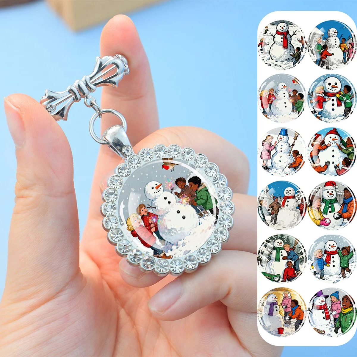1PC Snowman pattern circular glass brooch, paired with synthetic zircon decorative pendant, suitable as a Christmas party gift