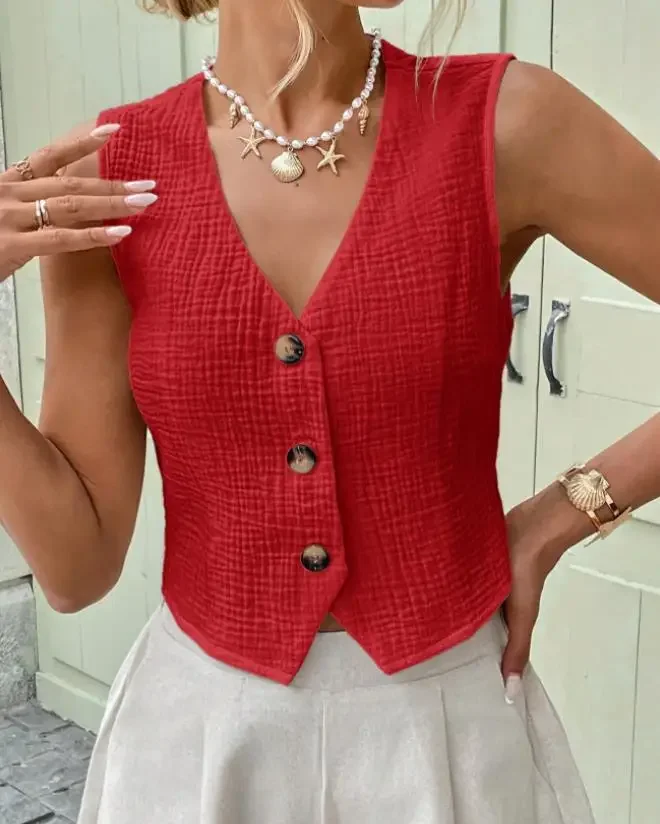 Fashion Commuting New Women's  Solid Color Versatile Cardigan Front Button Vest Top