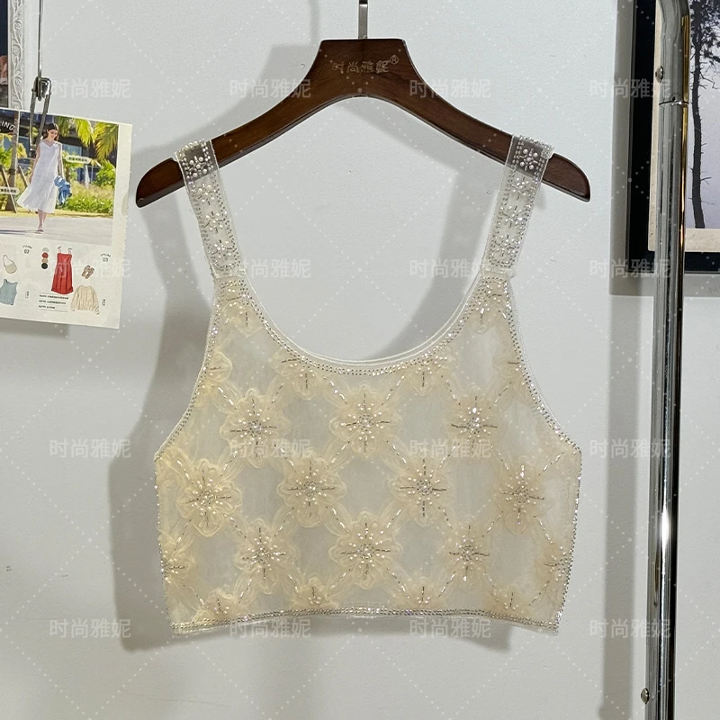 Sweet Flower Sequin Bead Pearl U-Neck Camisole Top 2024 Summer New Fashion Sexy Crop Top Mesh Sequins Camisoles for Women