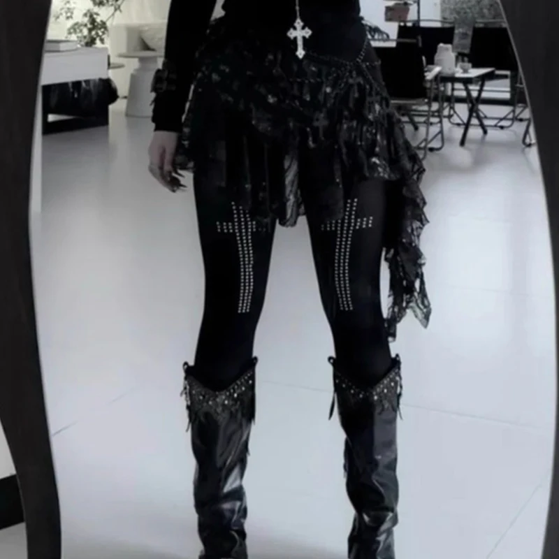 

Sexy Y2K Black Diamond Cross Stockings Women Gothic Party Bar Shopping Bottom Socks Pantyhose Y2K Lolita Dark Clothing Gifts