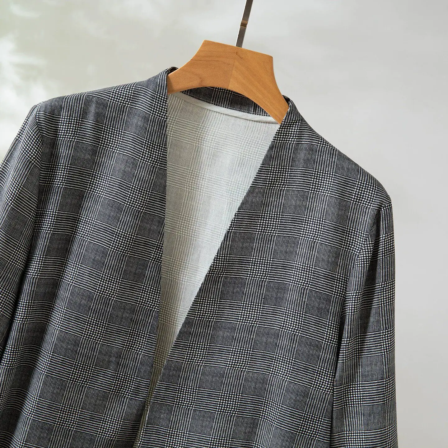 Winsleter-100%Spun Silk Elegant Coat, V Neck Long Sleeve Plaid, Women Occupation Commute Loose Suit, 2026 Autumn New C66506CC