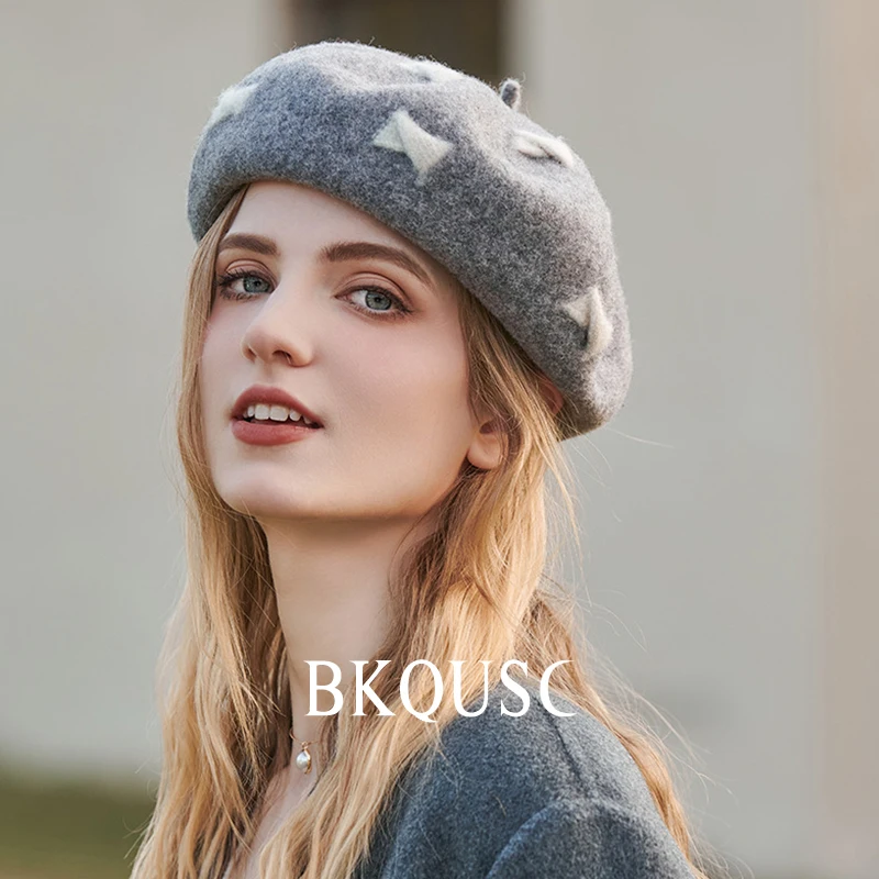 Bow Knot Wool Women\'s Berets Winter Warm Cute Splicing Painter Berets Cap Female Fashion Cashmere Cap Girl\'s Stylish Gray Beret