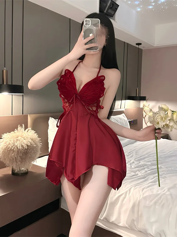 Summer New Korean Style Sexy Deep V Butterfly Perspective Camisole Dress Spicy Girl Hanging Neck Camisole Irregular Dress 0TZF