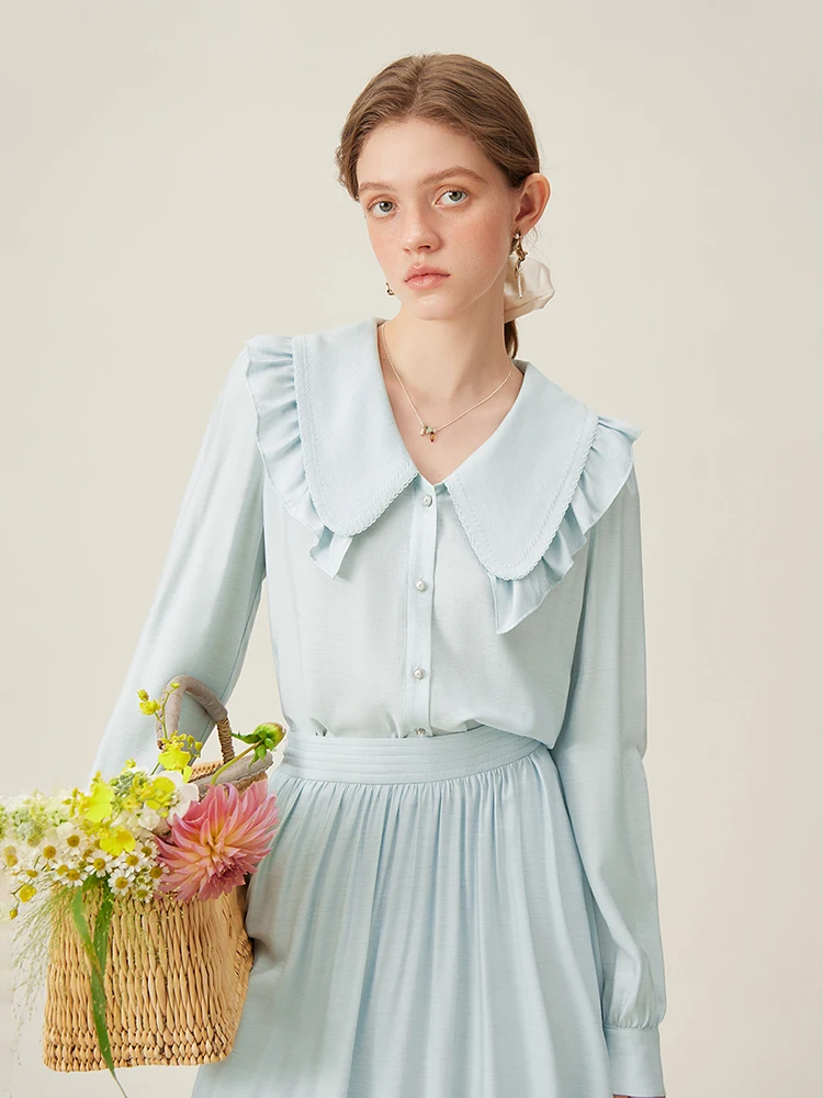 FSLE Sweet Style Big Doll Collar Long-sleeved Shirt for Women Spring French Design Age-reducing Top Shirts Female 24FS11216