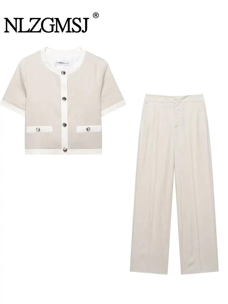 

2025 Elegant Women Set Solid Straight Leg Pants Set Single Breasted Short Sleeve Jacket Tops Set Casual Women Outfit