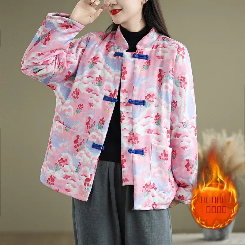 

Корейская женская хлопковая куртка больших размеров с пуговицами, утепленная, осенне-зимняя, новинка, топ в традиционном китайском стиле