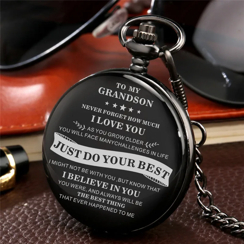 

Antique Black Pocket Watch To My Grandson i Love You Boy Men Quartz Analog Clock with Pendant Chain Fob Watch Gift To Kids