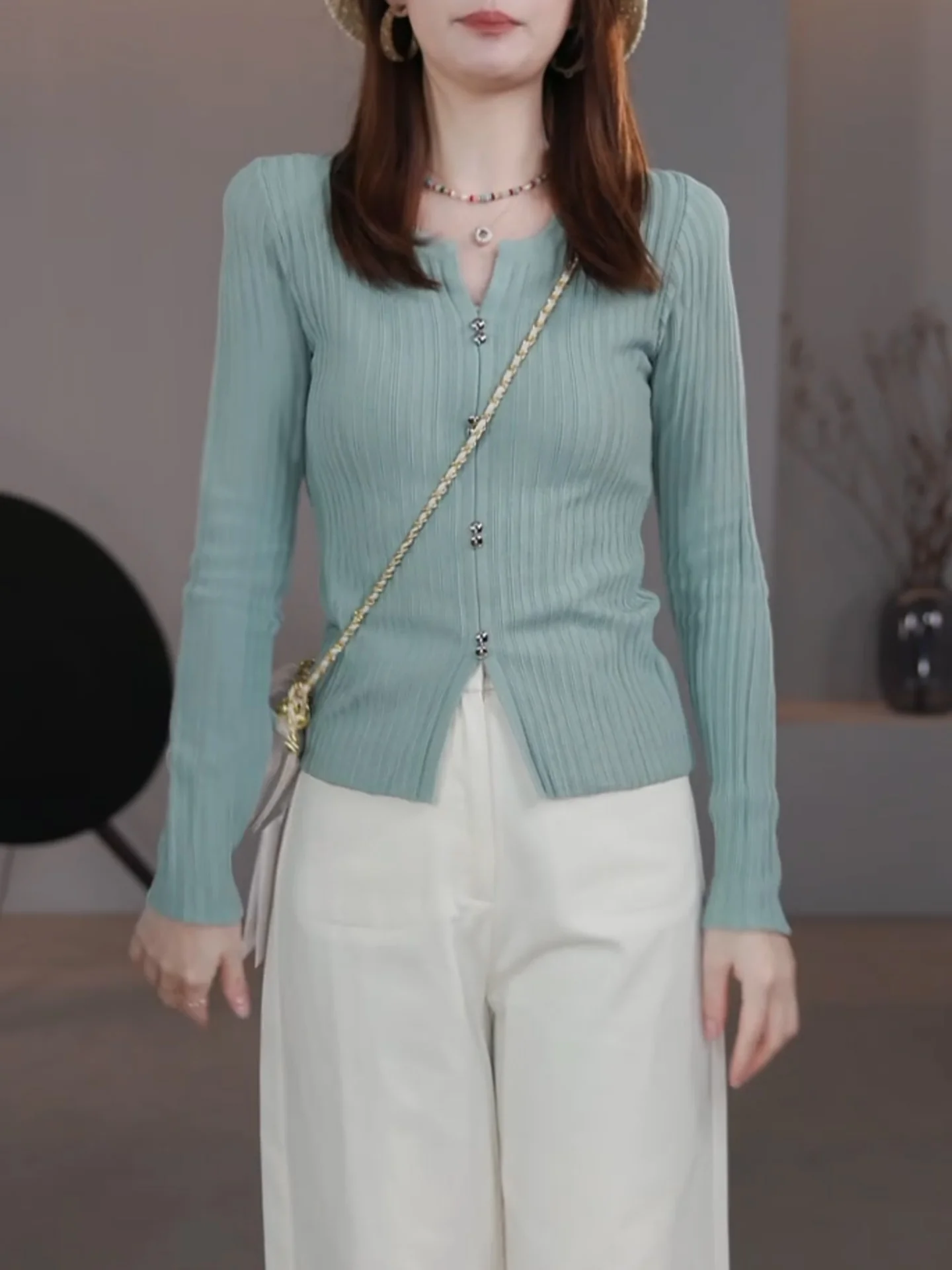 

Korean Sle Sweet V-Ne Long Sve ort Knitted Faion Slimming Top Women's Open Cardigan Autumn Wear Daily Casual