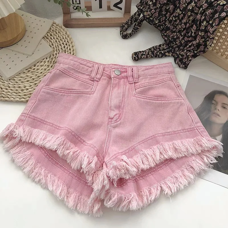 

Dopamine Pink Denim Short Pants Women's Small Size Loose Wide Leg Hot Shorts Summer 2026 Trendy Frayed High Waist Jeans