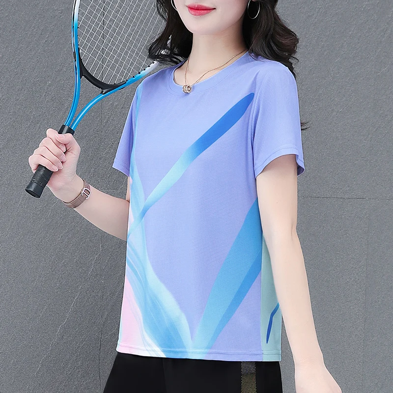 New Summer Loose Casual Ice Silk Quick Drying Sports Top Women'S Fashionable Round Neck Versatile Fitness Short Sleeved T-Shirt