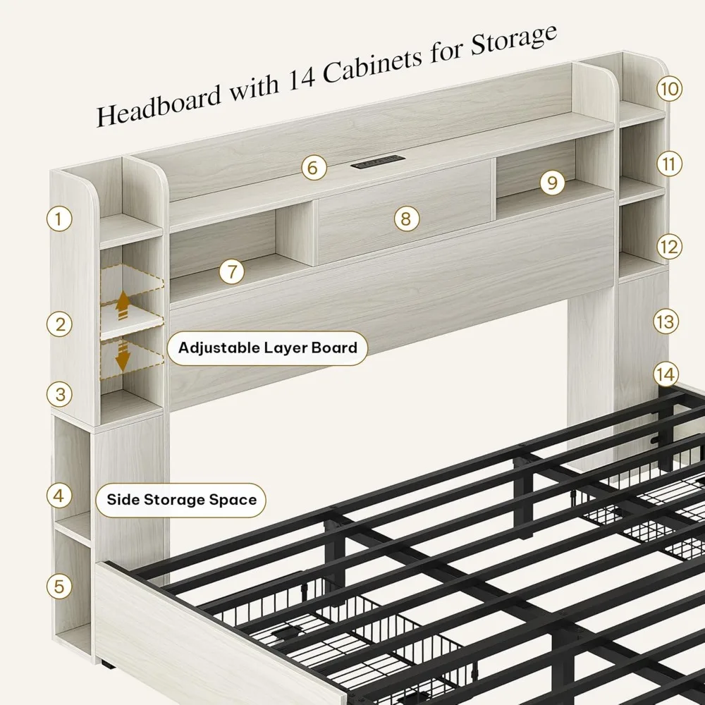 إطار سرير بحجم كوين مع لوح أمامي لخزانة الكتب و4 أدراج تخزين، وإطار سرير RGB LED مع محطة شحن USB من النوع C