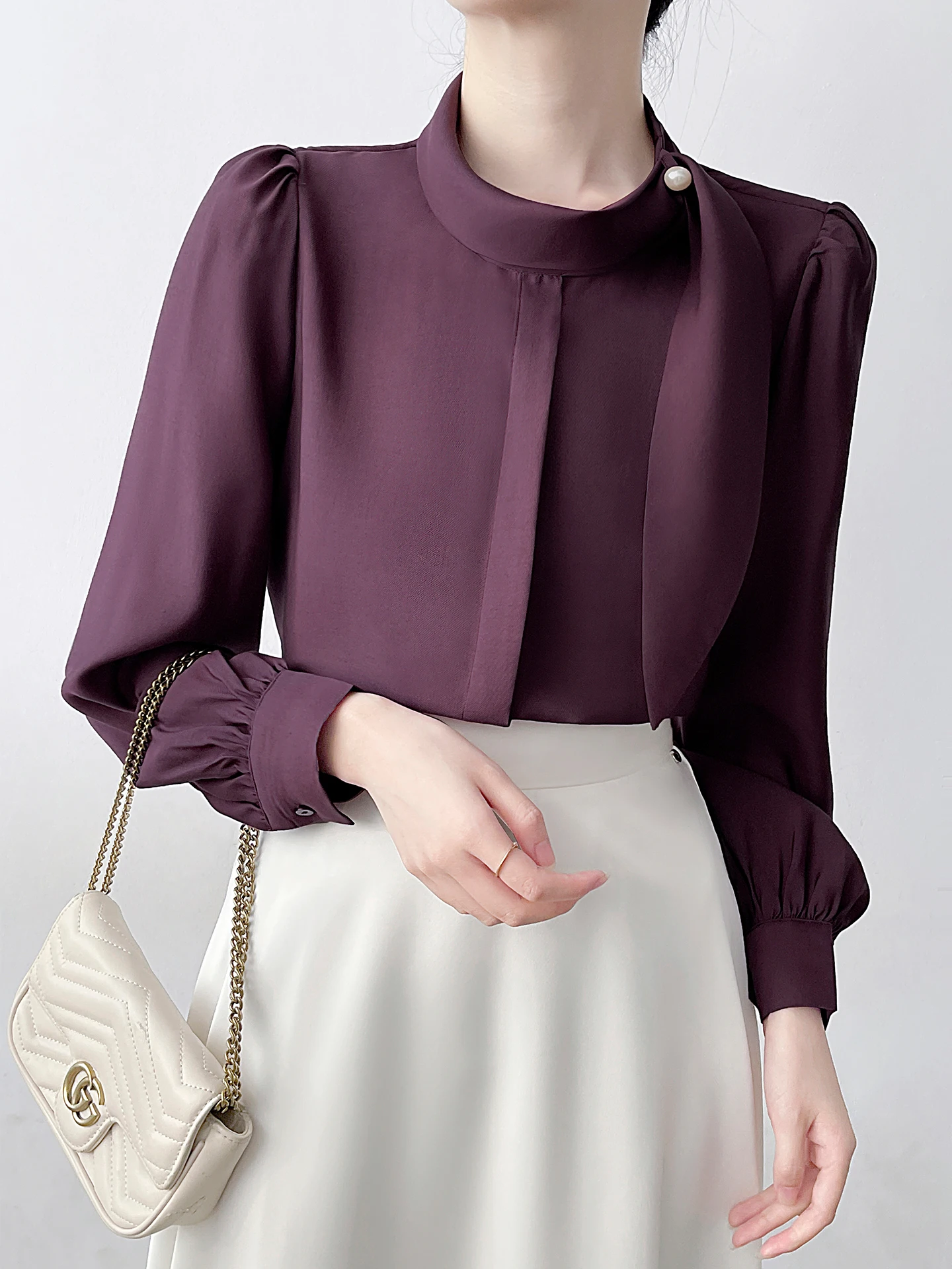 

Ele Purple Long Sve irt Women's High-End Feel Pearl Sa Stand Collar Top Comfortable Breathable Korean Sle Polyes...