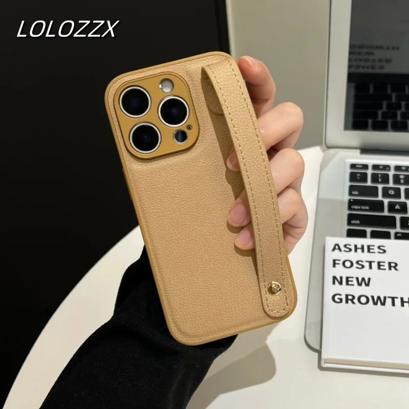 

Leather Pattern Wrist Strap Case For iPhone 17 11 12 13 14 15 16 Pro Max Plus XR X Max Luxury Plain Color Shockproof Phone Cover
