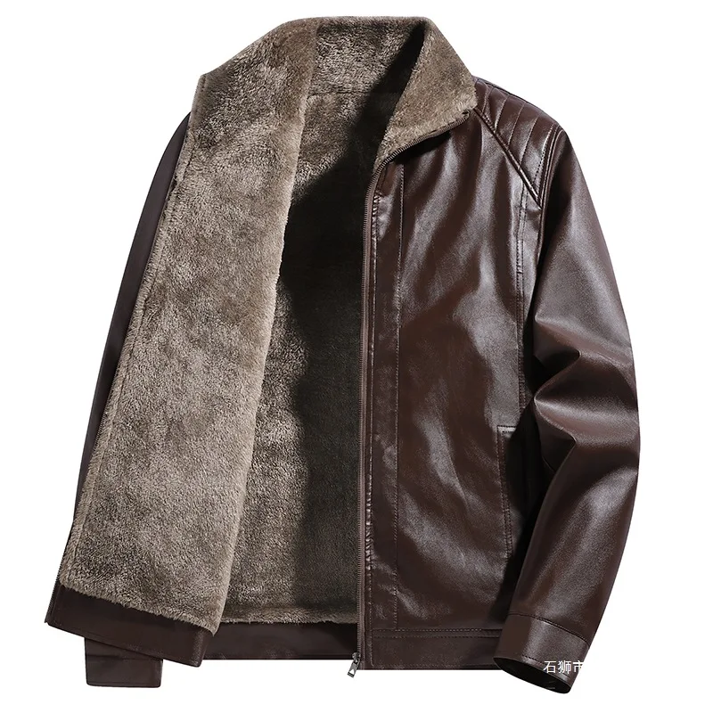 Herbst Winter Herren Lederjacke Vintage Langarm Business Casual Herren Oberbekleidung Verdickte Fleece-Jacke mit Umlegekragen