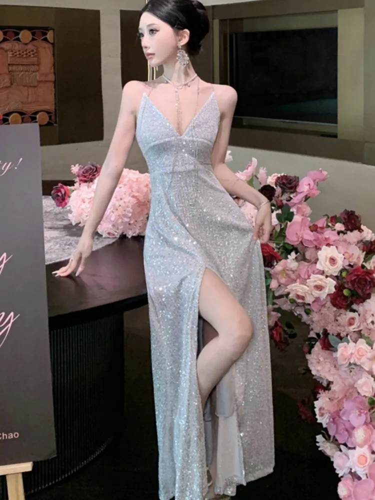 

Elegant Backless V-Neck Split Party Dress Sexy Slim Luxury Gown Evening Dresses Fashion Robe Birthday Party Autumn Spring New