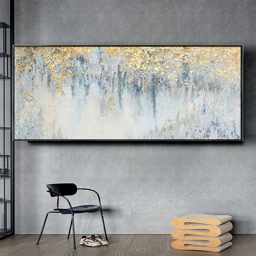 

100% Handmade Abstract Blue And Gold Foil Texture Canvas Oil Painting Big Wall Art Picture For Home Decor Paintings Leisure Life