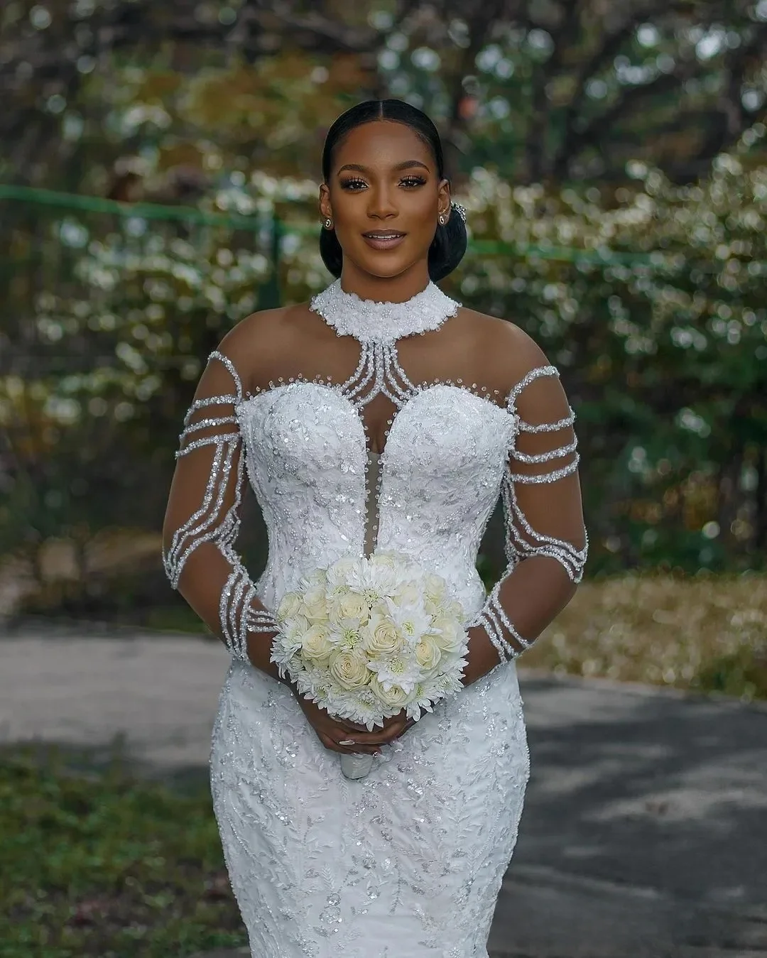 Customized Plus Size Aso Ebi Wedding Dress Bridal Gowns For Bride High Neck Illusion Long Sleeves Tiered Tulle Mermaid 3D Beaded